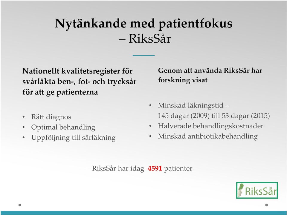 Genom att använda RiksSår har forskning visat Minskad läkningstid 145 dagar (2009) till 53