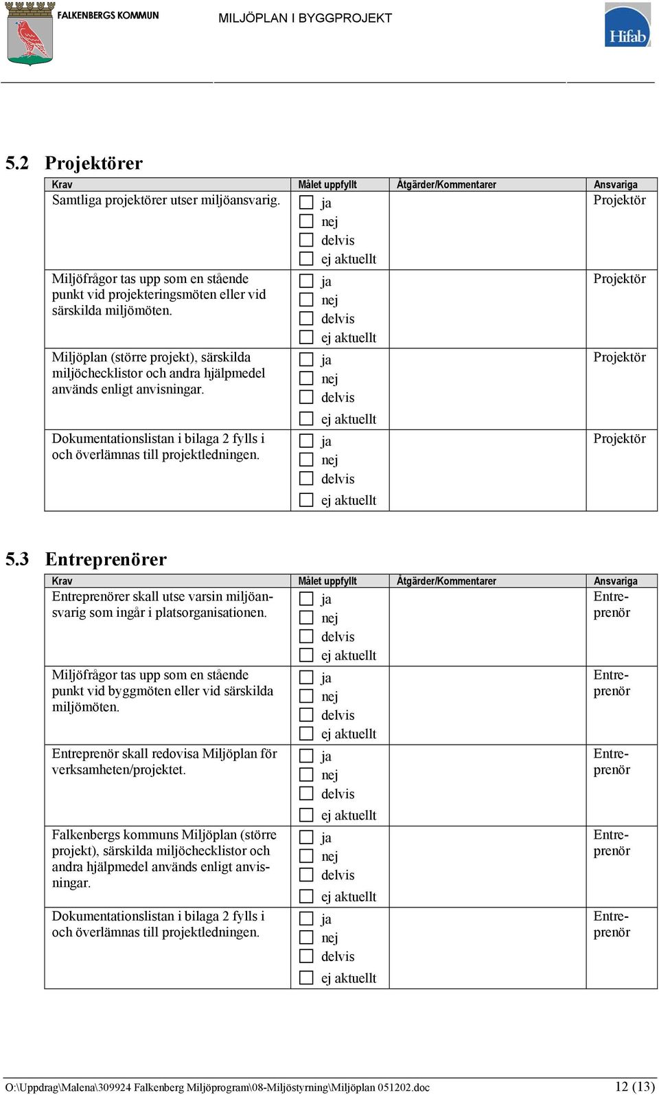 3 er er skall utse varsin miljöansvarig som ingår i platsorganisationen. Miljöfrågor tas upp som en stående punkt vid byggmöten eller vid särskilda miljömöten.