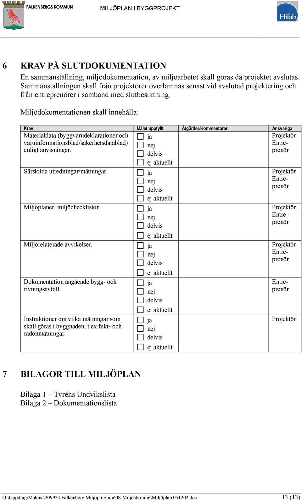 Miljödokumentationen skall innehålla: Materialdata (byggvarudeklarationer och varuinformationsblad/säkerhetsdatablad) enligt anvisningar. Särskilda utredningar/mätningar.