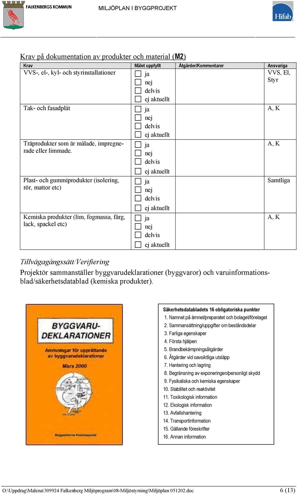 varuinformationsblad/säkerhetsdatablad (kemiska produkter). VVS, El, Styr A, K A, K A, K Säkerhetsdatabladets 16 obligatoriska punkter 1. Namnet på ämnet/preparatet och bolaget/företaget 2.