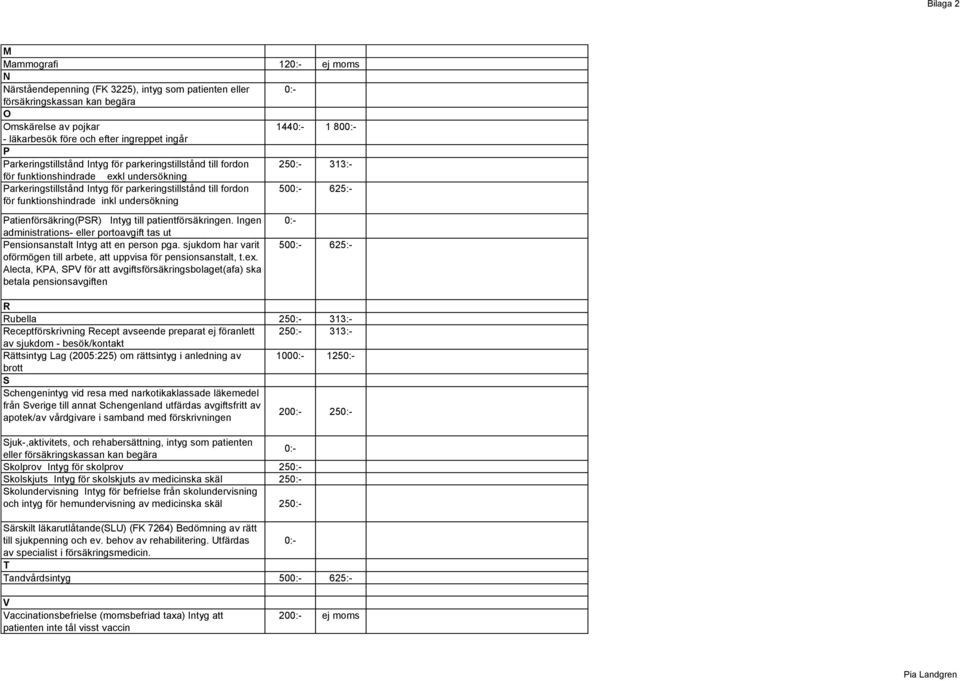 undersökning 50 625:- Patienförsäkring(PSR) Intyg till patientförsäkringen. Ingen administrations- eller portoavgift tas ut Pensionsanstalt Intyg att en person pga.