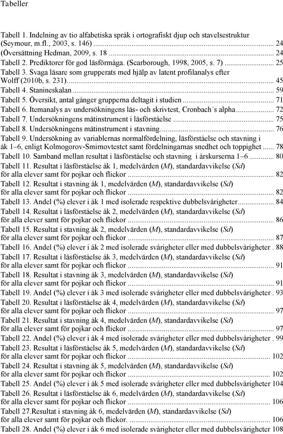 .. 59 Tabell 5. Översikt, antal gånger grupperna deltagit i studien... 71 Tabell 6. Itemanalys av undersökningens läs- och skrivtest, Cronbach s alpha... 72 Tabell 7.