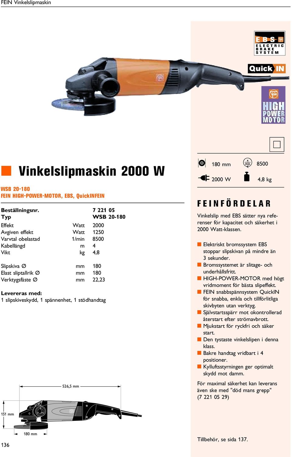 sliptallrik 180 Verktygsfäste 22,23 Levereras med: 1 slipskiveskydd, 1 spännenhet, 1 stödhandtag 526,5 7 221 05 WSB 20-180 L 180 I 2000 W K 8500 F 4,8 kg FEINFÖRDELAR M Vinkelslip med EBS sätter nya