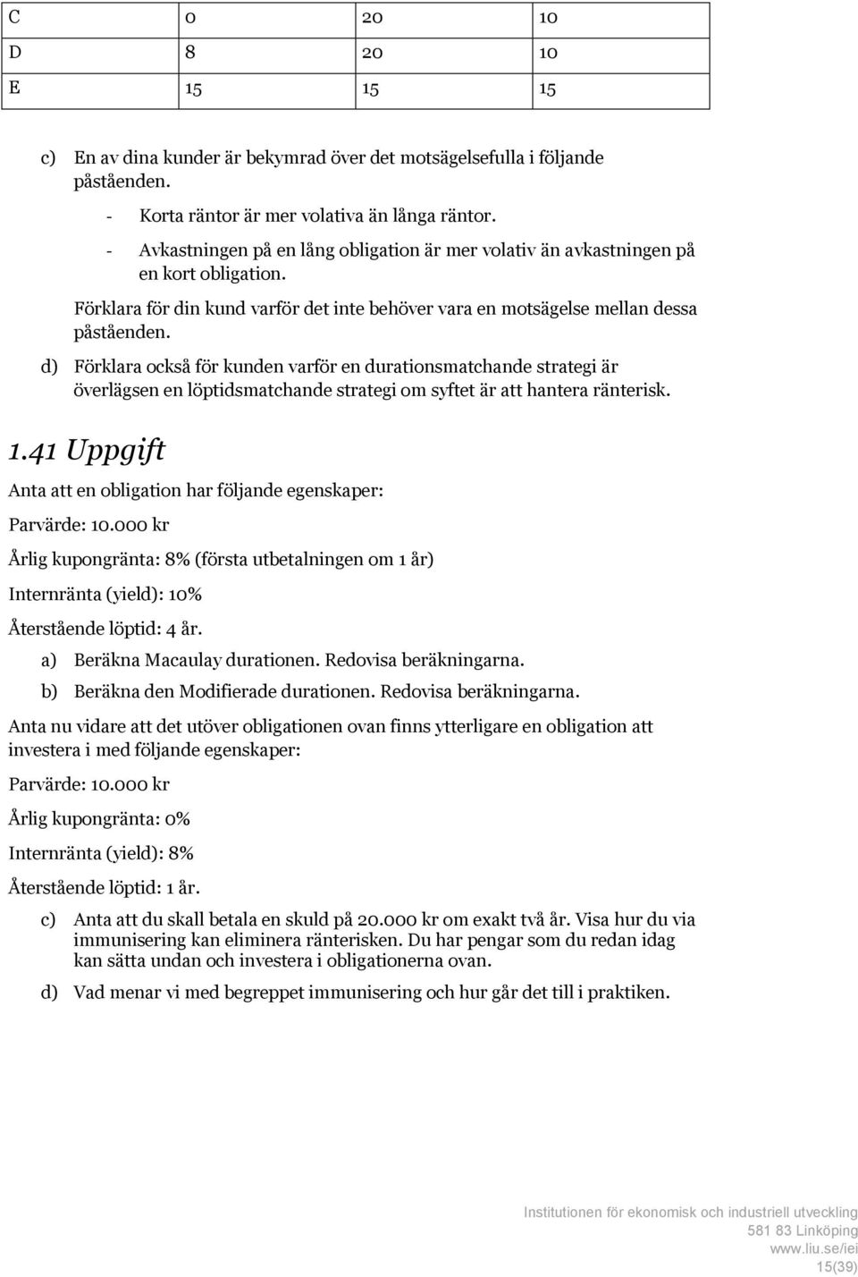 d) Förklara också för kunden varför en durationsmatchande strategi är överlägsen en löptidsmatchande strategi om syftet är att hantera ränterisk. 1.