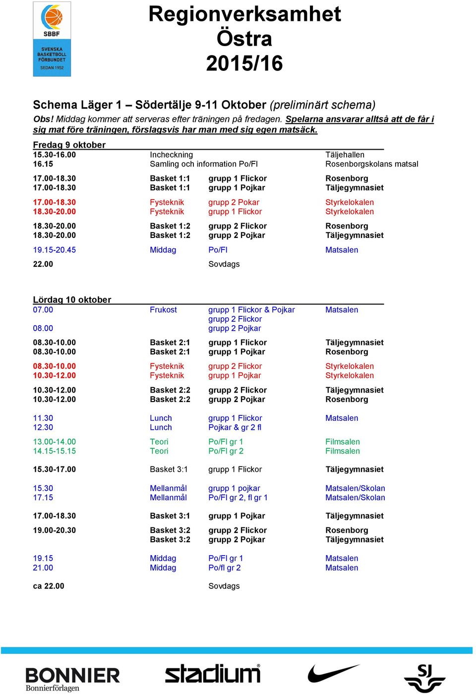 15 Samling och information Po/Fl Rosenborgskolans matsal 17.00-18.30 Basket 1:1 grupp 1 Flickor Rosenborg 17.00-18.30 Basket 1:1 grupp 1 Pojkar Täljegymnasiet 17.00-18.30 Fysteknik grupp 2 Pokar Styrkelokalen 18.