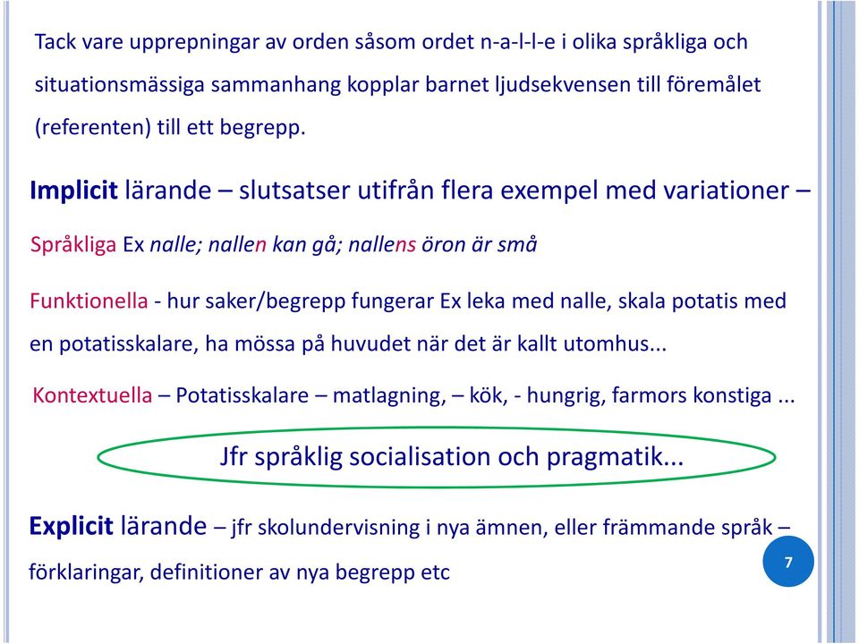 Implicit lärande slutsatser utifrån flera exempel med variationer SpråkligaEx nalle; nallenkan gå; nallensöron är små Funktionella-hur saker/begrepp fungerar Ex leka med