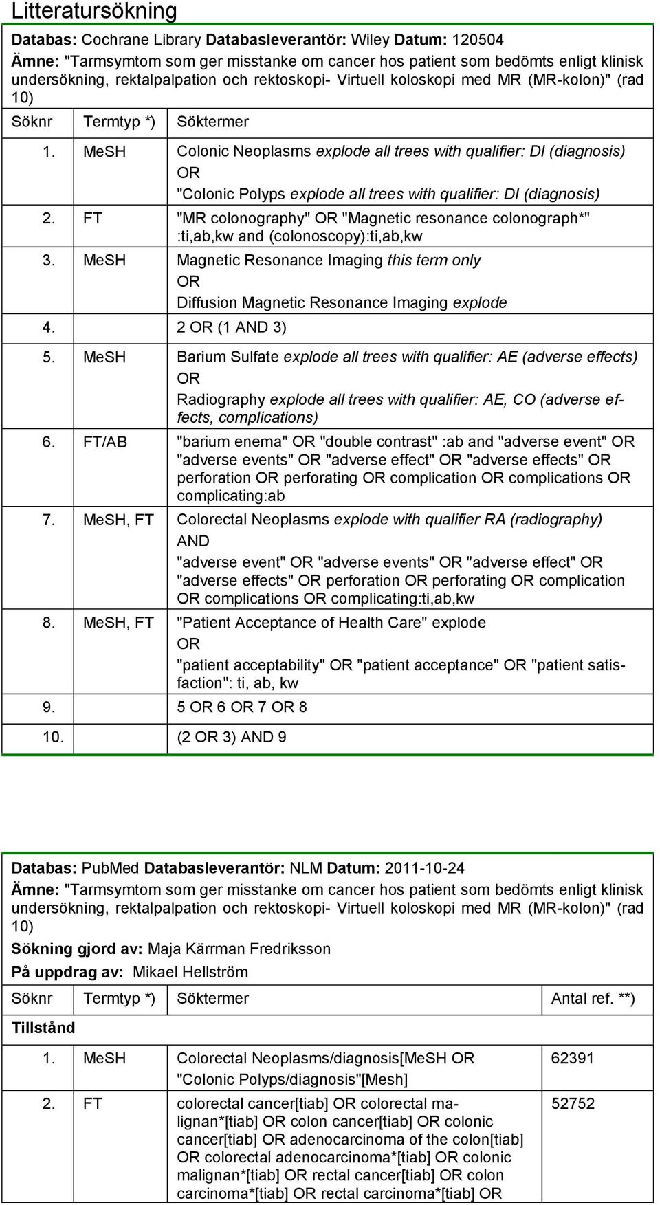 MeSH Colonic Neoplasms explode all trees with qualifier: DI (diagnosis) OR "Colonic Polyps explode all trees with qualifier: DI (diagnosis) 2.