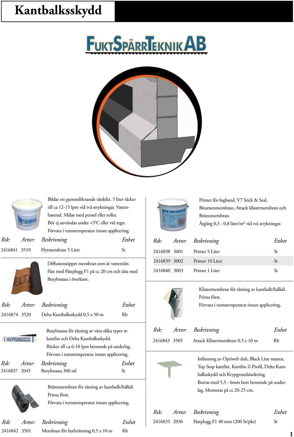 2416874 3520 Delta Kantbalksskydd 0,5 x 50 m Rlr Primer för fogband, V7 Stick & Seal, Bitumenmembran, Attack klistermembran och Brännmembran. Åtgång 0,3-0,8 liter/m² vid två strykningar.
