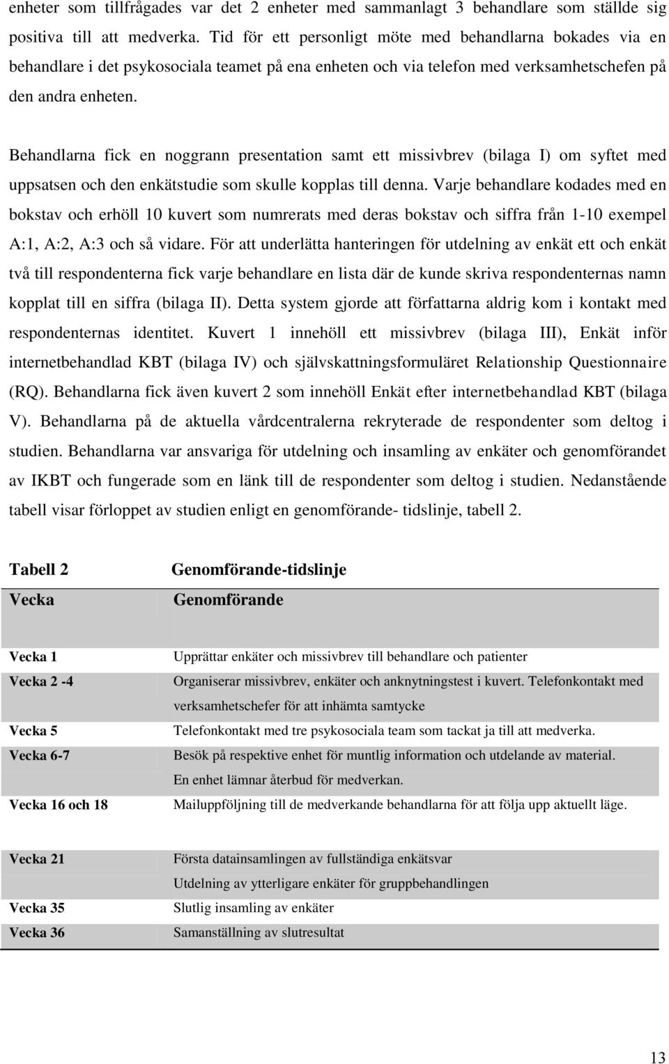 Behandlarna fick en noggrann presentation samt ett missivbrev (bilaga I) om syftet med uppsatsen och den enkätstudie som skulle kopplas till denna.