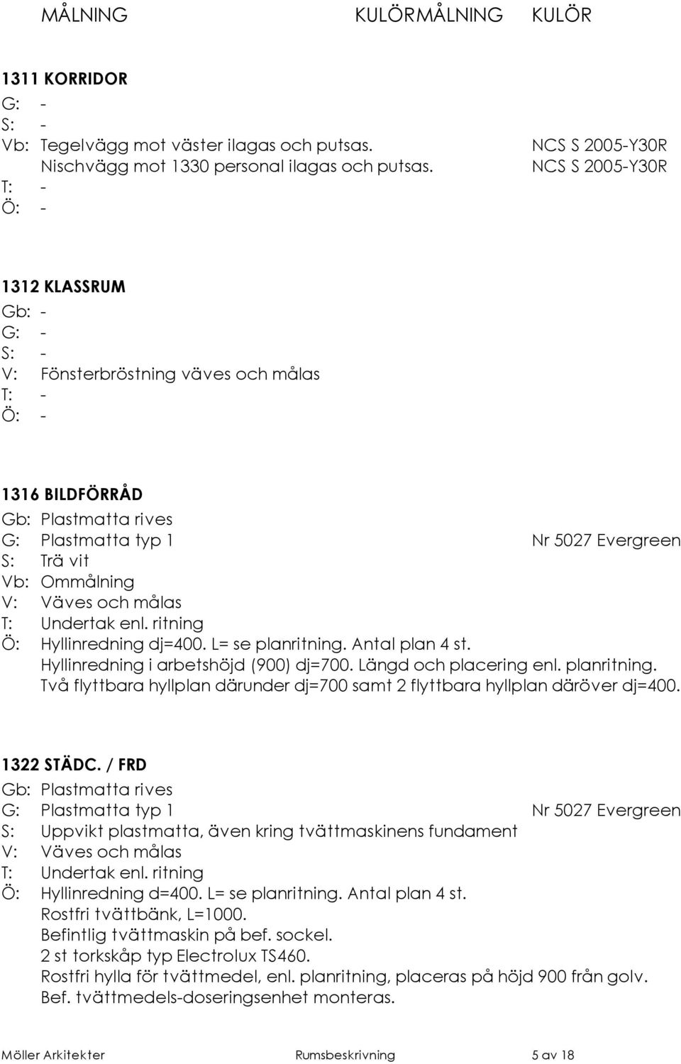 L= se planritning. Antal plan 4 st. Hyllinredning i arbetshöjd (900) dj=700. Längd och placering enl. planritning. Två flyttbara hyllplan därunder dj=700 samt 2 flyttbara hyllplan däröver dj=400.