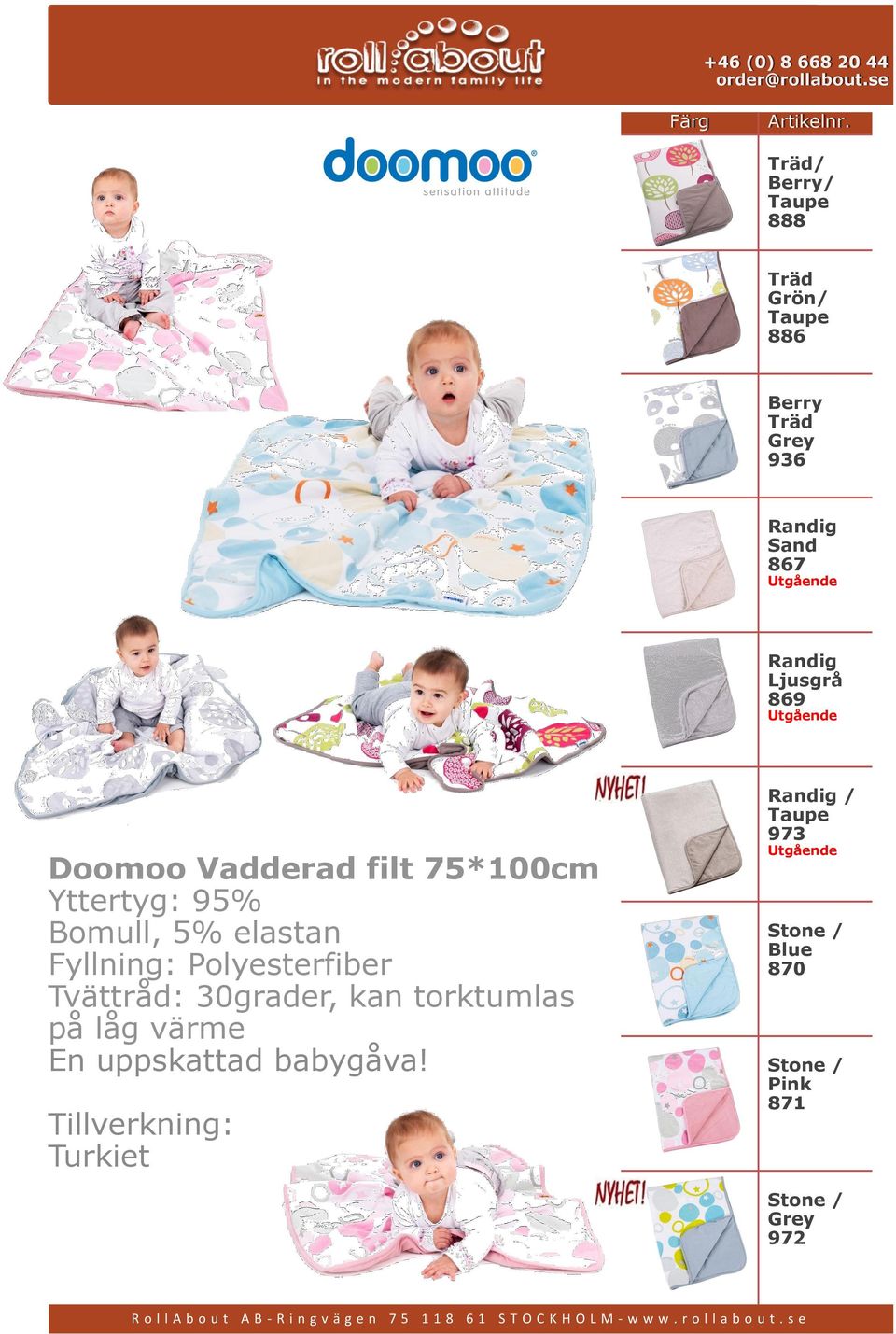 Randig / Taupe 973 Doomoo Vadderad filt 75*100cm Yttertyg: 95% Bomull, 5% elastan Fyllning: Polyesterfiber Tvättråd: