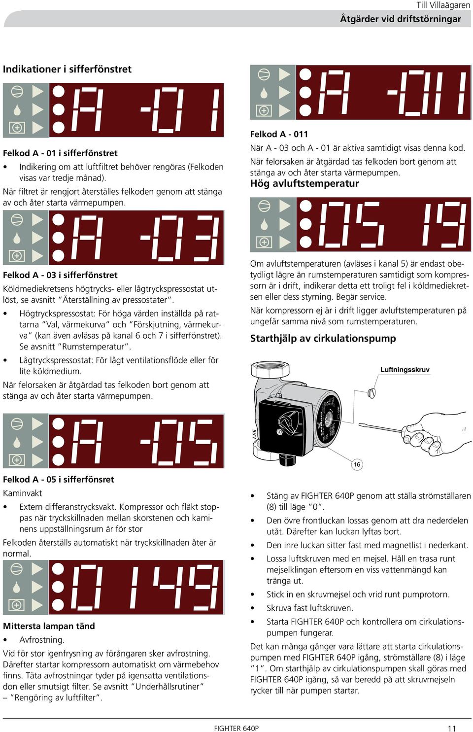 När filtret är rengjort återställes felkoden genom att stänga av och åter starta värmepumpen. Felkod A - 0 När A - 03 och A - 0 är aktiva samtidigt visas denna kod.