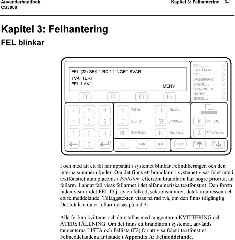 I annat fall visas fellarmet i det alfanumeriska textfönstret. Den första raden visar ordet FEL följt av en felkod, sektionsnumret, detektoradressen och ett felmeddelande.