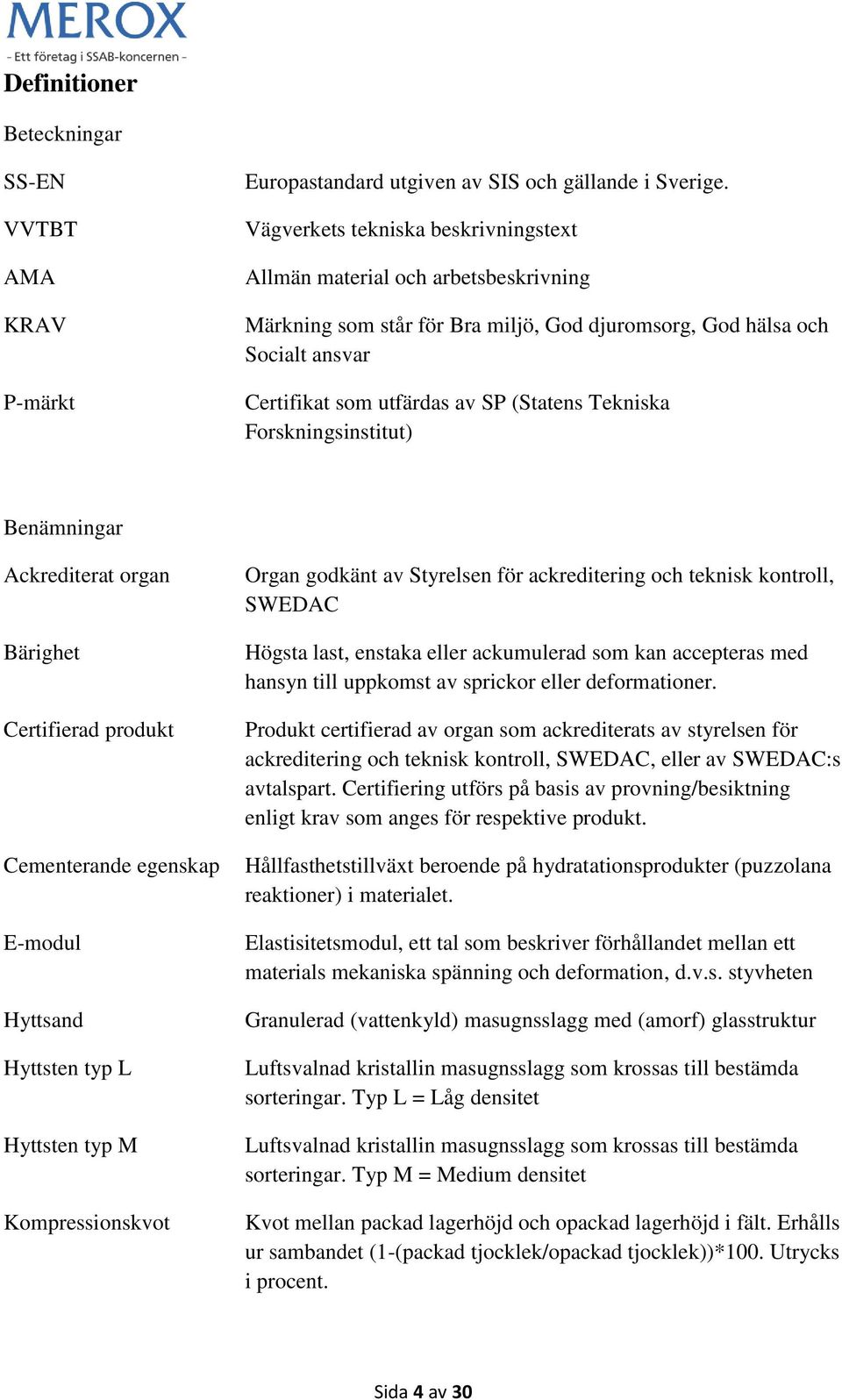 Tekniska Forskningsinstitut) Benämningar Ackrediterat organ Bärighet Certifierad produkt Cementerande egenskap E-modul Hyttsand Hyttsten typ L Hyttsten typ M Kompressionskvot Organ godkänt av