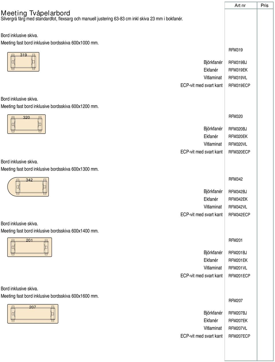 Meeting fast bord inklusive bordsskiva 600x1200 mm. 320 Bord inklusive skiva. Meeting fast bord inklusive bordsskiva 600x1300 mm. 342 Bord inklusive skiva.