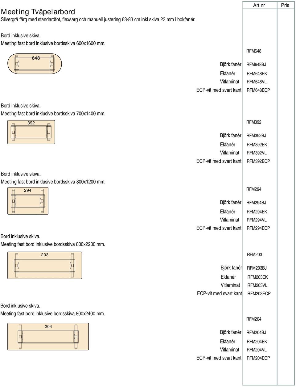 Meeting fast bord inklusive bordsskiva 700x1400 mm. 392 Bord inklusive skiva. Meeting fast bord inklusive bordsskiva 800x1200 mm. 294 Bord inklusive skiva.