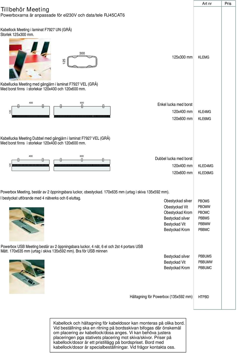 400 600 Enkel lucka med borst 120120x400 mm KLE4MG 120x600 mm KLE6MG Kabellucka Meeting Dubbel med gångjärn i laminat F7927 VEL (GRÅ) Med borst finns i storlekar 120x400 och 120x600 mm.