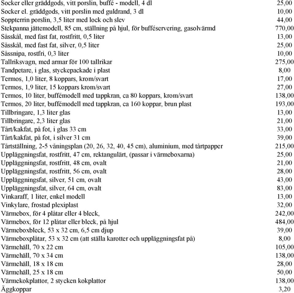 med fast fat, rostfritt, 0,5 liter 13,00 Såsskål, med fast fat, silver, 0,5 liter 25,00 Såssnipa, rostfri, 0,3 liter 10,00 Tallriksvagn, med armar för 100 tallrikar 275,00 Tandpetare, i glas,