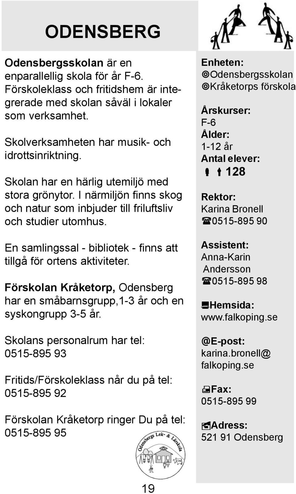 En samlingssal - bibliotek - finns att tillgå för ortens aktiviteter. Förskolan Kråketorp, Odensberg har en småbarnsgrupp,1-3 år och en syskongrupp 3-5 år.