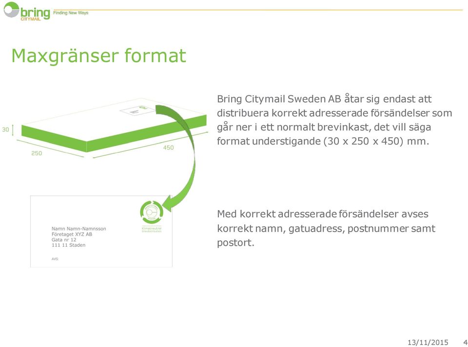 vill säga format understigande (30 x 250 x 450) mm.