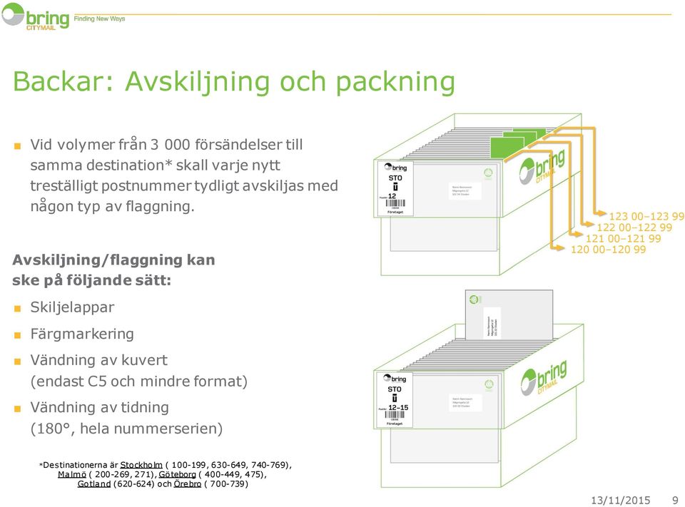 Avskiljning/flaggning kan ske på följande sätt: 123 00 123 99 122 00 122 99 121 00 121 99 120 00 120 99 Skiljelappar Färgmarkering Vändning