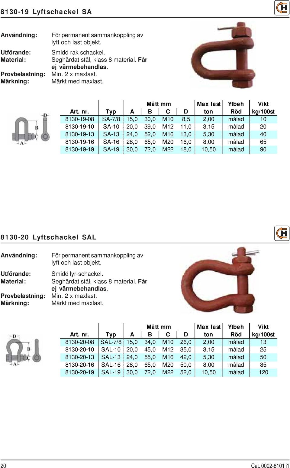 Typ A B C D ton Röd kg/100st 8130-19-08 SA-7/8 15,0 30,0 M10 8,5 2,00 målad 10 8130-19-10 SA-10 20,0 39,0 M12 11,0 3,15 målad 20 8130-19-13 SA-13 24,0 52,0 M16 13,0 5,30 målad 40 8130-19-16 SA-16