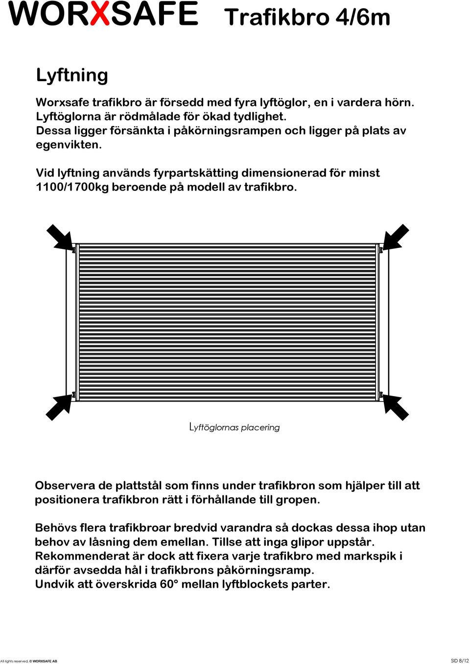 Lyftöglornas placering Observera de plattstål som finns under trafikbron som hjälper till att positionera trafikbron rätt i förhållande till gropen.