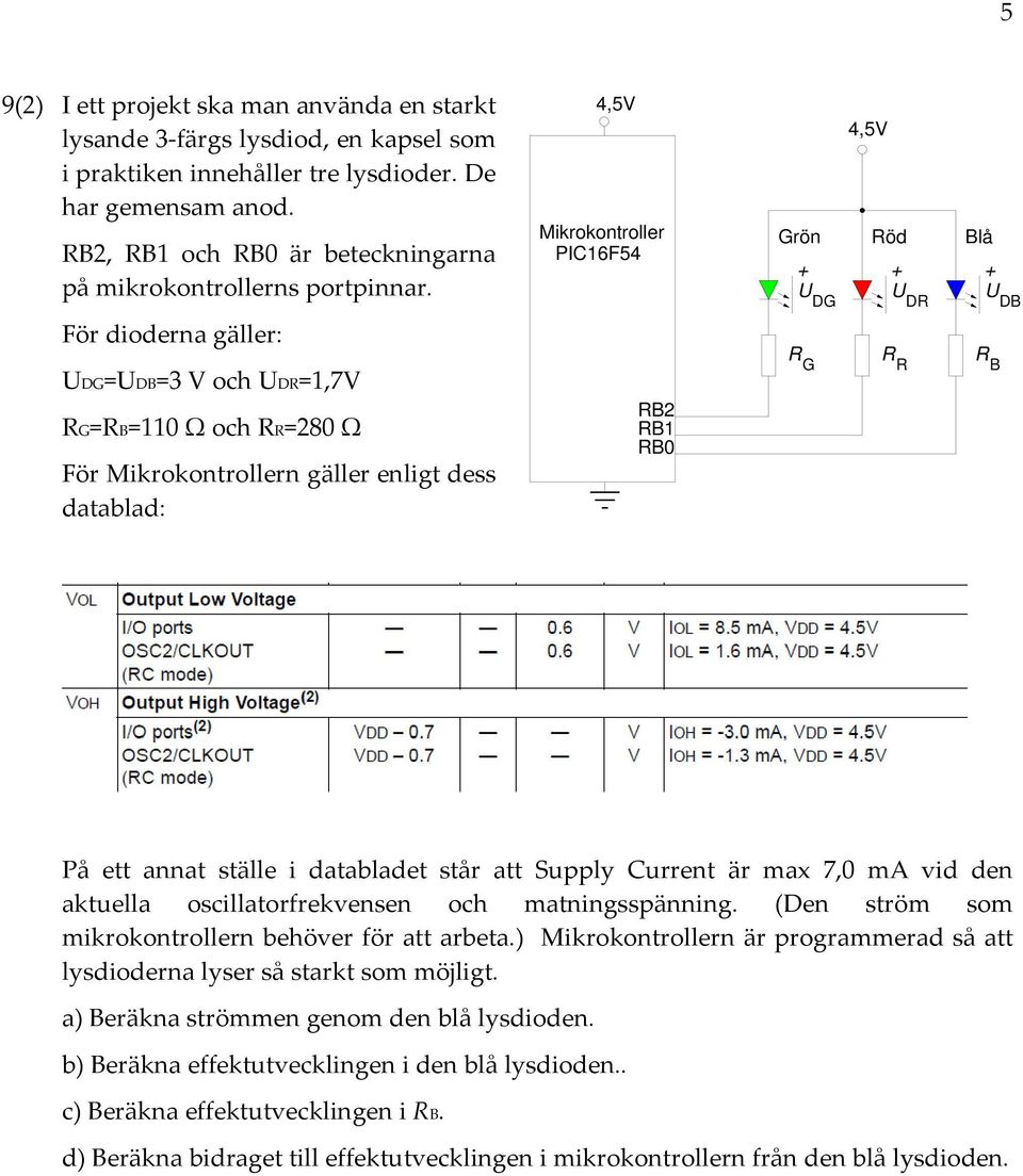 4,5V Mikrokontroller PIC16F54 U DG 4,5V Grön Röd Blå U DR U DB För dioderna gäller: UDG=UDB=3 V och UDR=1,7V RG=RB=11 Ω och RR=28 Ω För Mikrokontrollern gäller enligt dess datablad: RB2 RB1 RB R G R