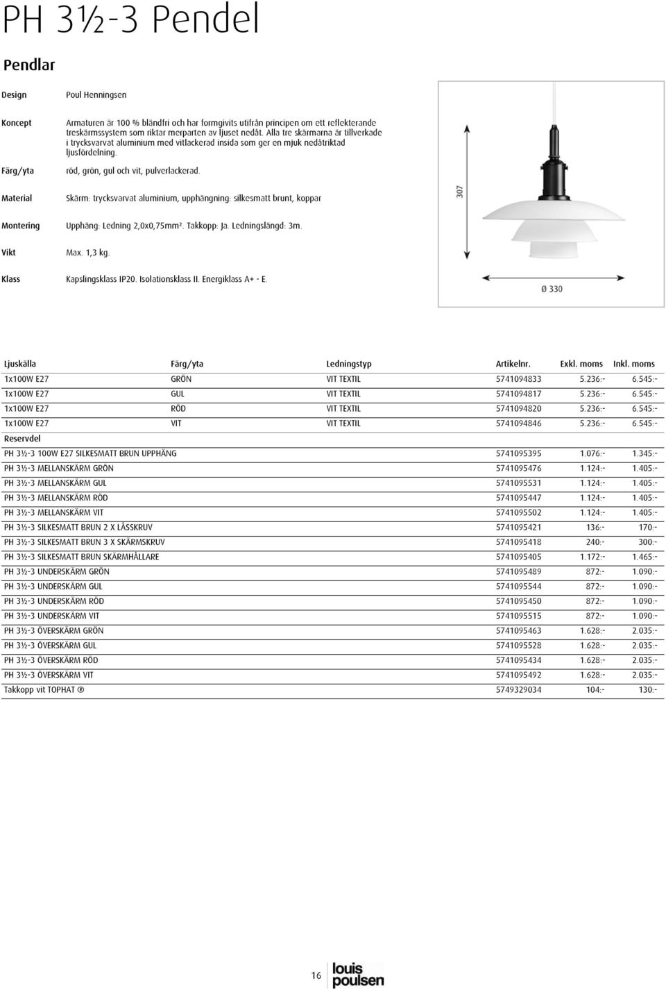 Skärm: trycksvarvat aluminium, upphängning: silkesmatt brunt, koppar Upphäng: Ledning 2,0x0,75mm². Takkopp: Ja. Ledningslängd: 3m. Max. 1,3 kg. Kapslingsklass IP20. Isolationsklass II.