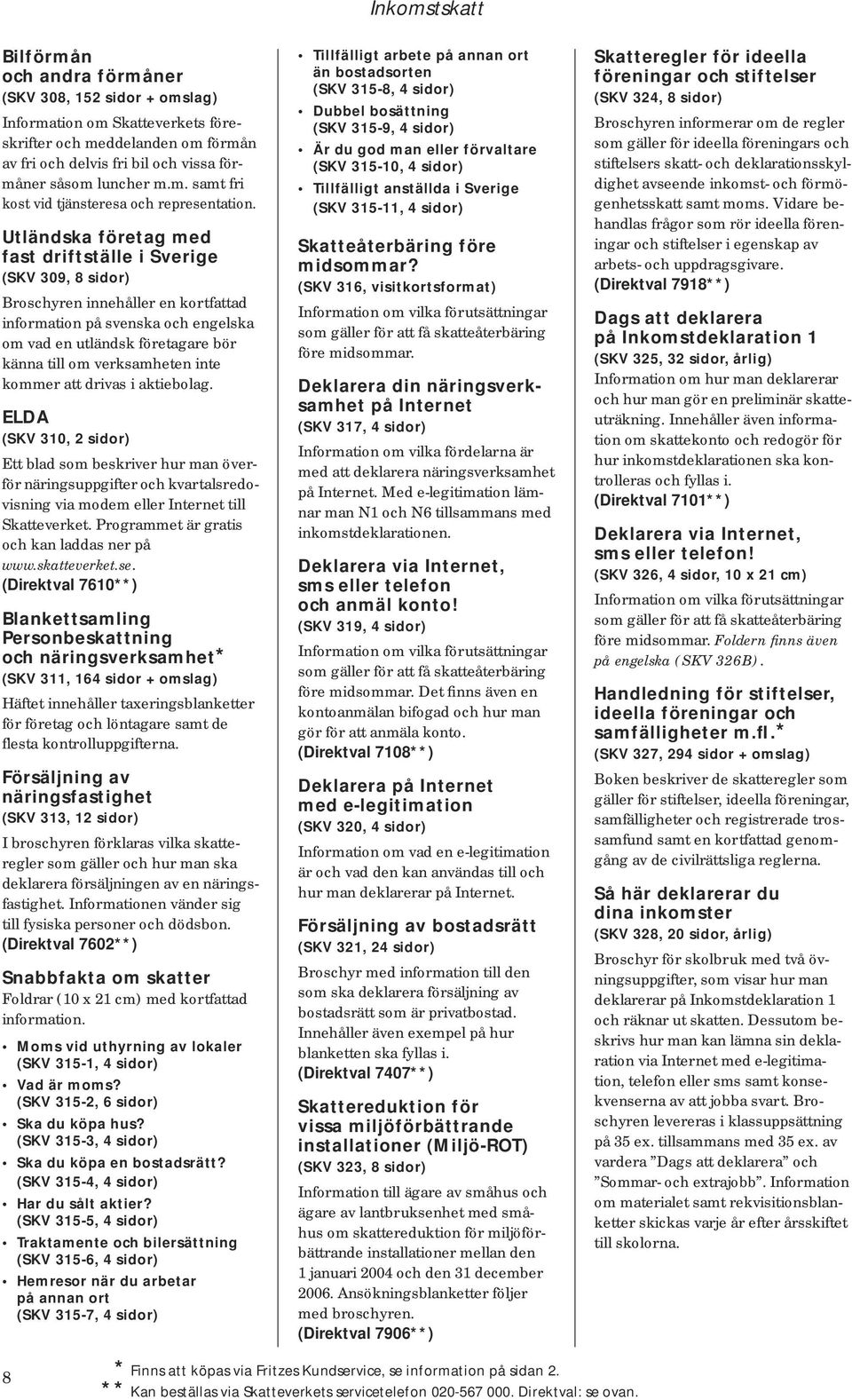 Utländska företag med fast drift stäl le i Sverige (SKV 309, 8 sidor) Broschyren innehåller en kortfattad information på svenska och engelska om vad en ut ländsk fö re ta ga re bör kän na till om