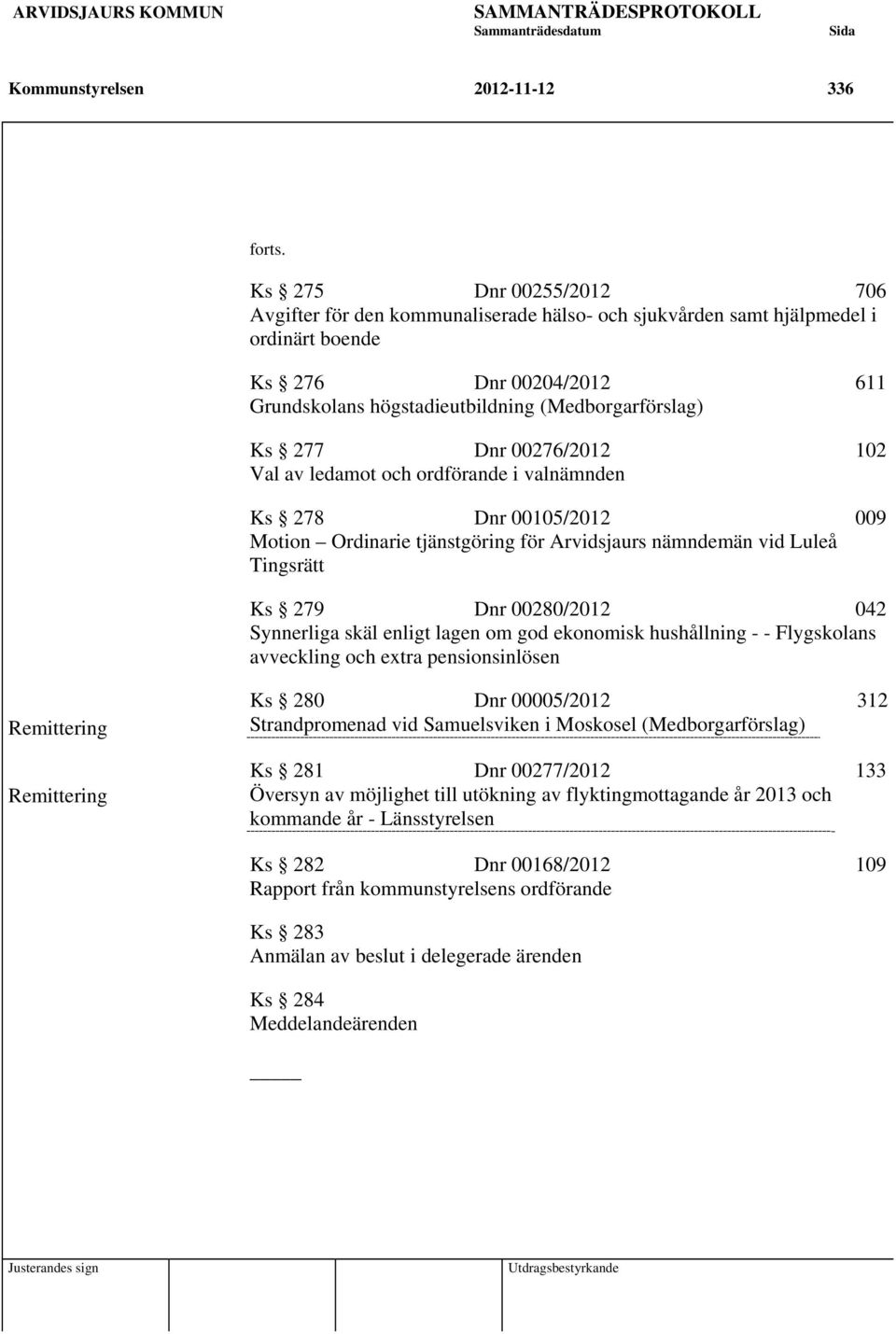 Dnr 00276/2012 102 Val av ledamot och ordförande i valnämnden Ks 278 Dnr 00105/2012 009 Motion Ordinarie tjänstgöring för Arvidsjaurs nämndemän vid Luleå Tingsrätt Ks 279 Dnr 00280/2012 042