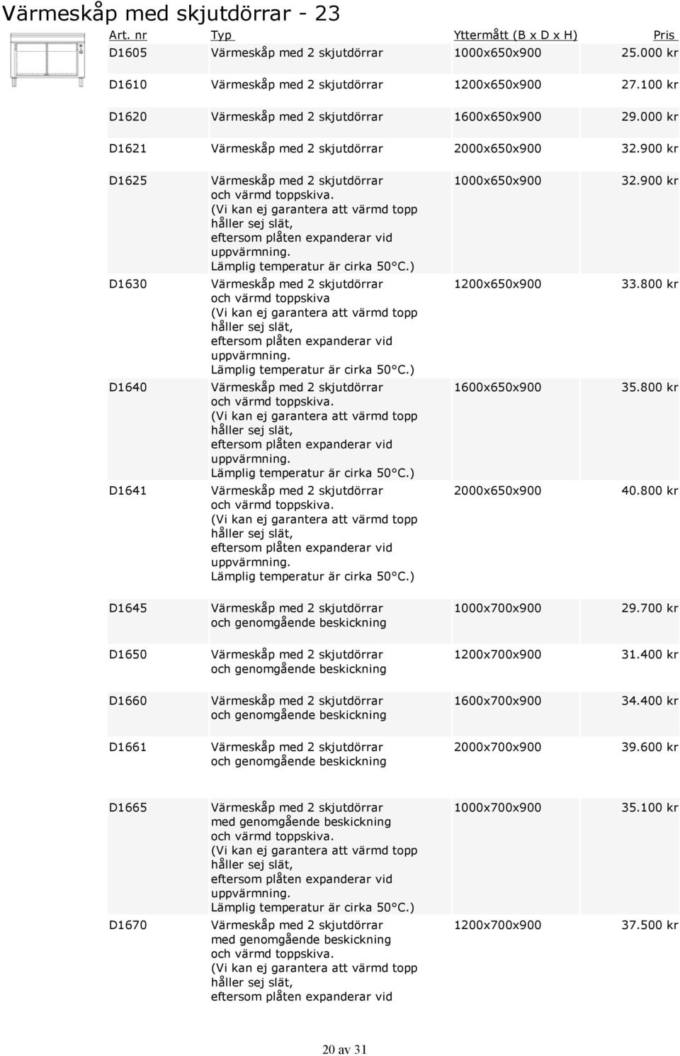 900 kr D1630 Värmeskåp med 2 skjutdörrar och värmd toppskiva (Vi kan ej garantera att värmd topp håller sej slät, 33.800 kr D1640 Värmeskåp med 2 skjutdörrar och värmd toppskiva.