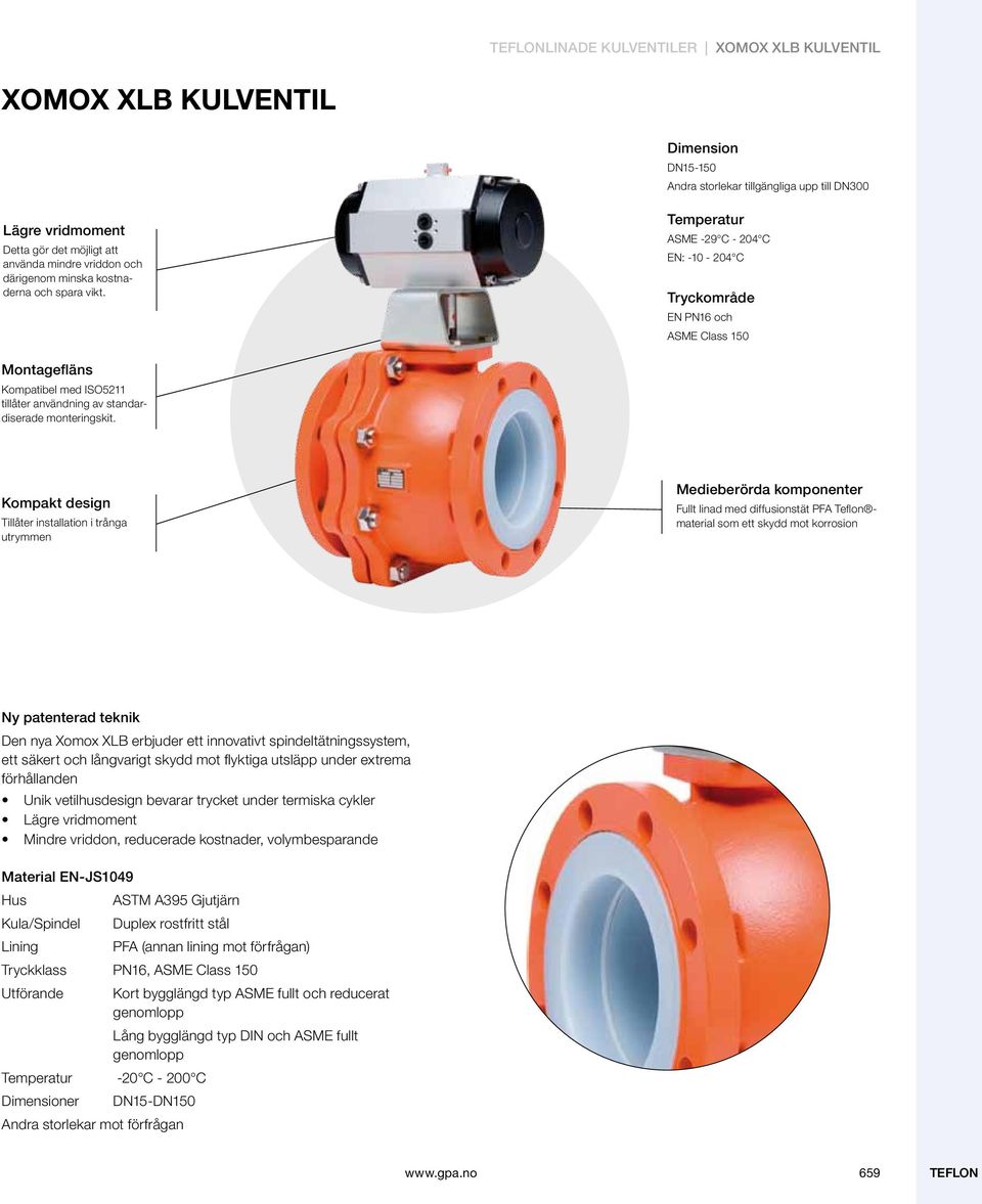 Temperatur ASME -29 C - 204 C EN: -10-204 C Tryckområde EN PN16 och ASME Class 150 Montagefläns Kompatibel med ISO5211 tillåter användning av standardiserade monteringskit.