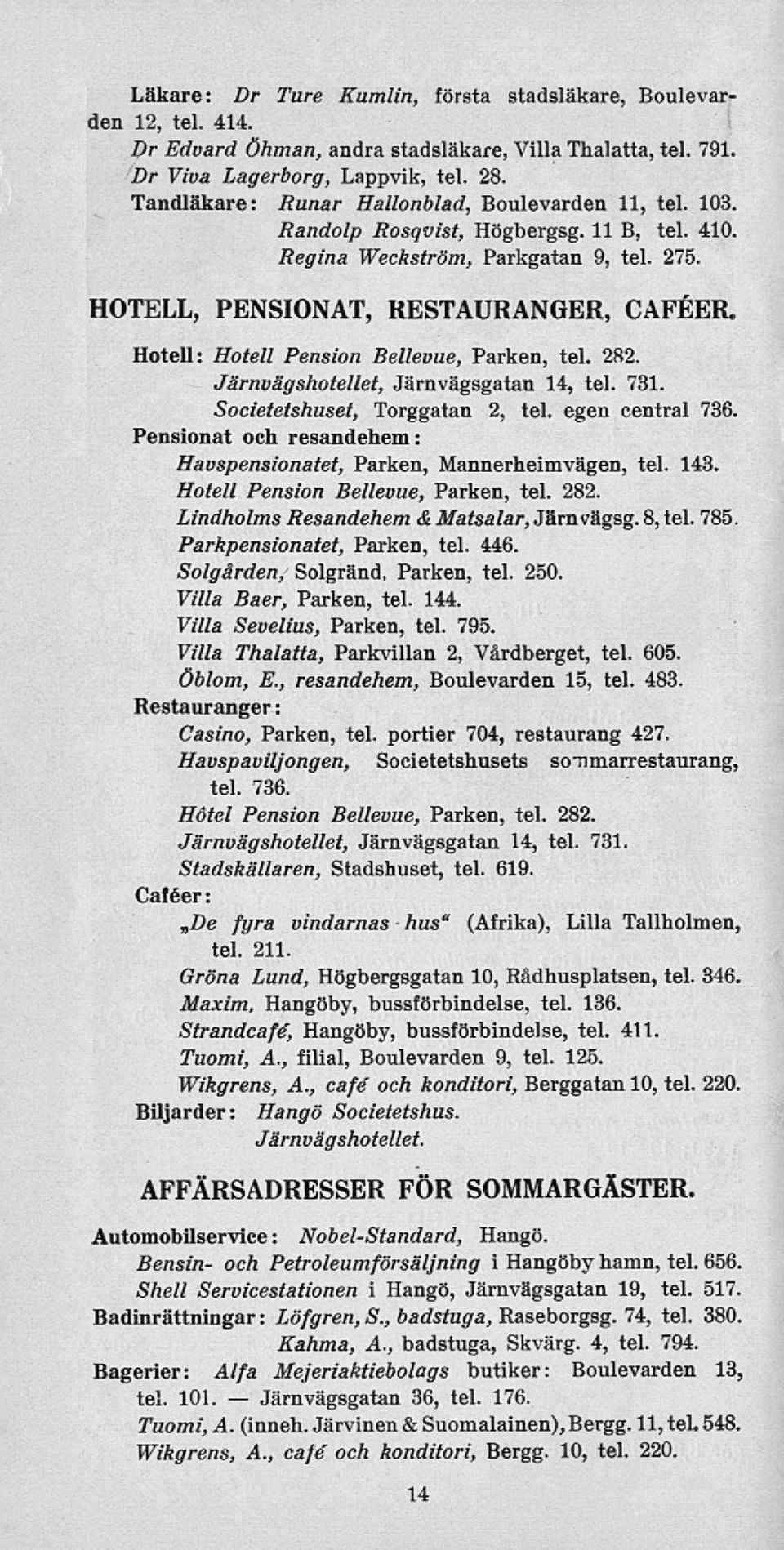 Hotell: Hotell Pension Bellevue, Parken, tel. 282. Järnvägshotellet, Järnvägsgatan 14, tel. 731. Societetshuset, Torggatan 2, tel. egen central 736.