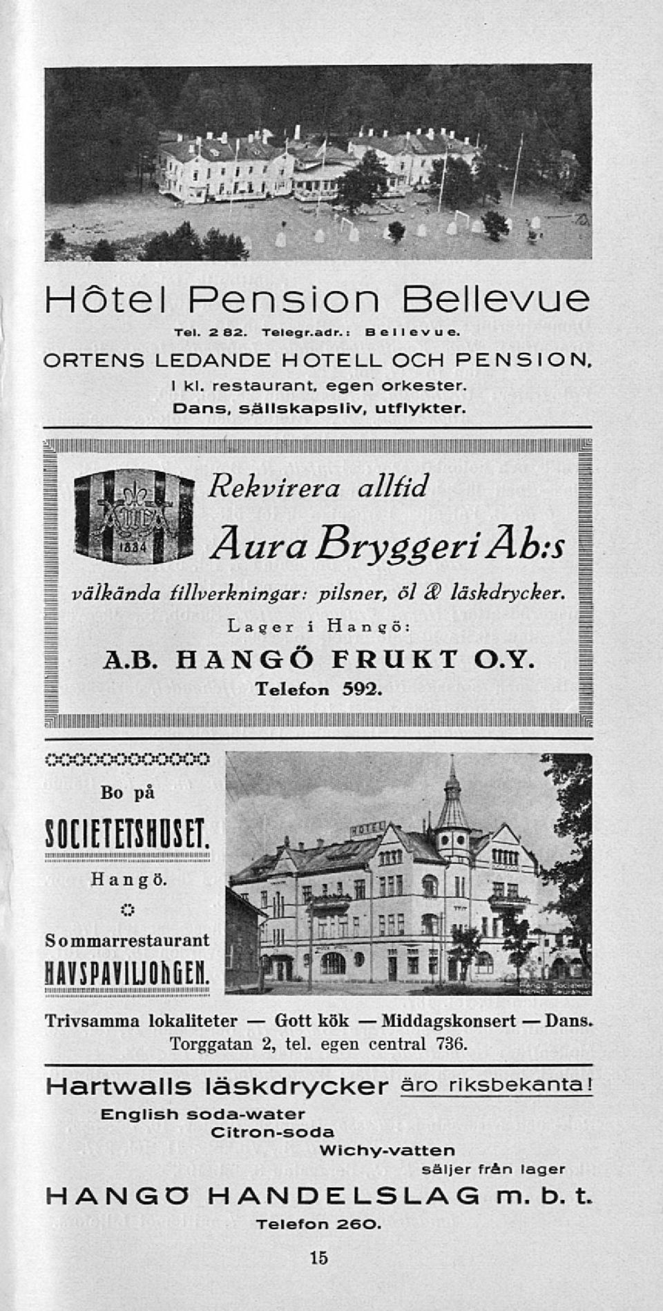 Y. Telefon 592. Bo på ioiiiiiiil Hangö. So mmarrestaurant lllsplllulkiel Trivsamma lokaliteter kök Torggatan 2, tel. egen central 736. Dans.