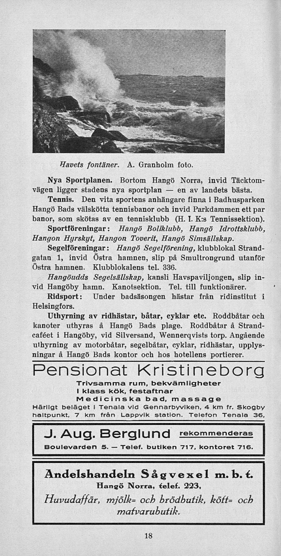 Sportföreningar : Hangö Bollklubb, Hangö Idrottsklubb, Hangon Hyrskyt, Hangon Toverit, Hangö Simsällskap.