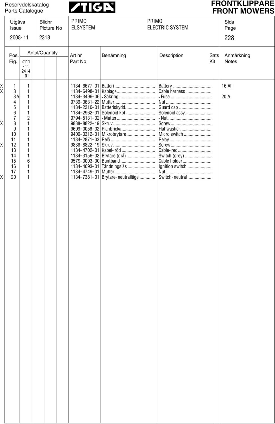 .. 20 A 4 1 99-01- 22 Mutter... Nut... 5 1 4-210- 01 Batteriskydd... Guard cap... 1 4-292- 01 Solenoid kpl... Solenoid assy... 2 994-5- 02 Mutter... Nut... X 8 1 988-8822- 19 Skruv... Screw.