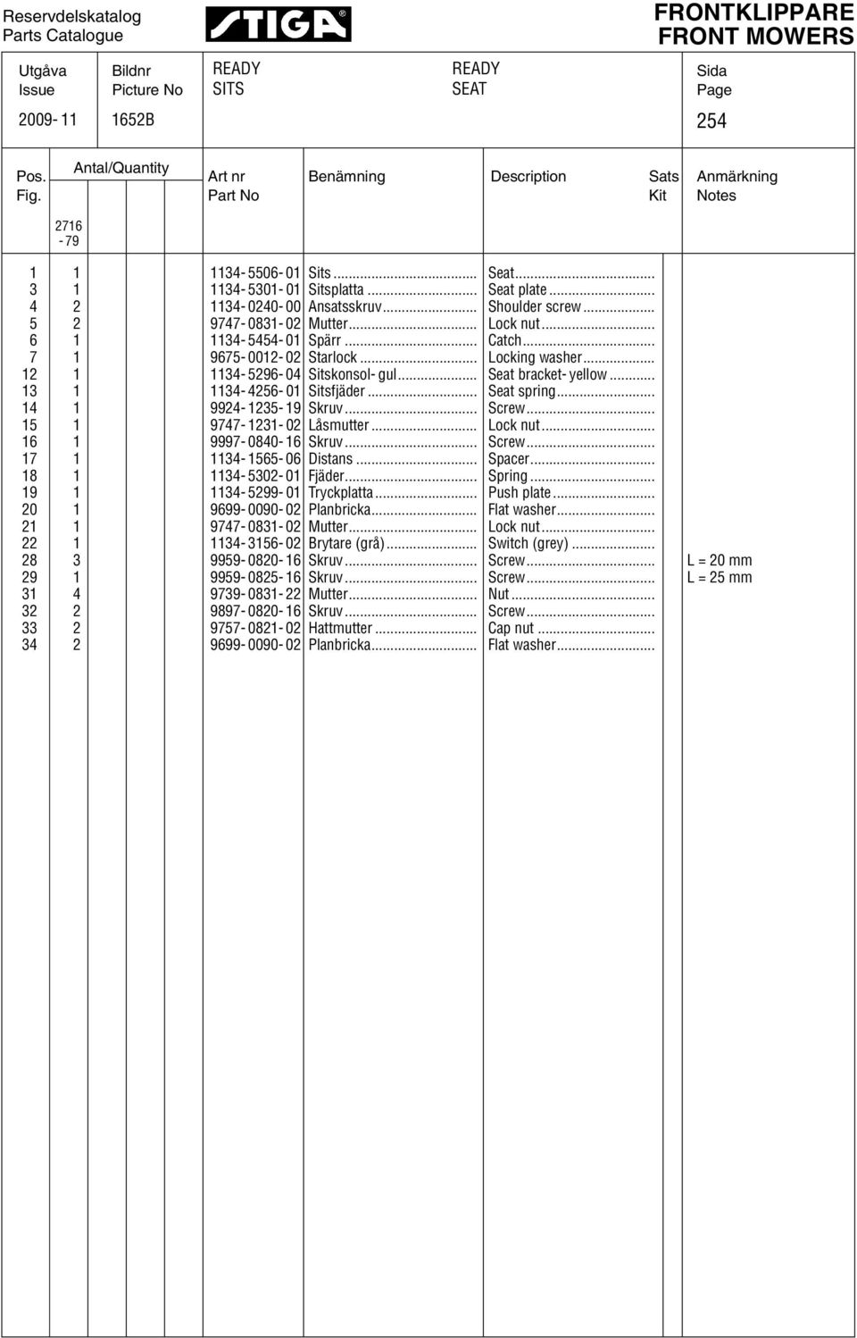 .. Shoulder screw... 2 747-0831- 02 Mutter... Lock nut... 1 1134-44- 01 Spärr... Catch... 7 1 7-00- 02 Starlock... Locking washer... 1 1134-2- 04 Sitskonsol- gul... Seat bracket- yellow.