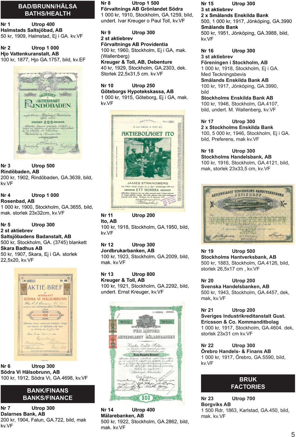 storlek 23x32cm, Nr 5 Utrop 300 2 st aktiebrev Saltsjöbadens Badanstalt, AB 500 kr, Stockholm, GA. (3745) blankett Skara Badhus AB 50 kr, 1907, Skara, Ej i GA.