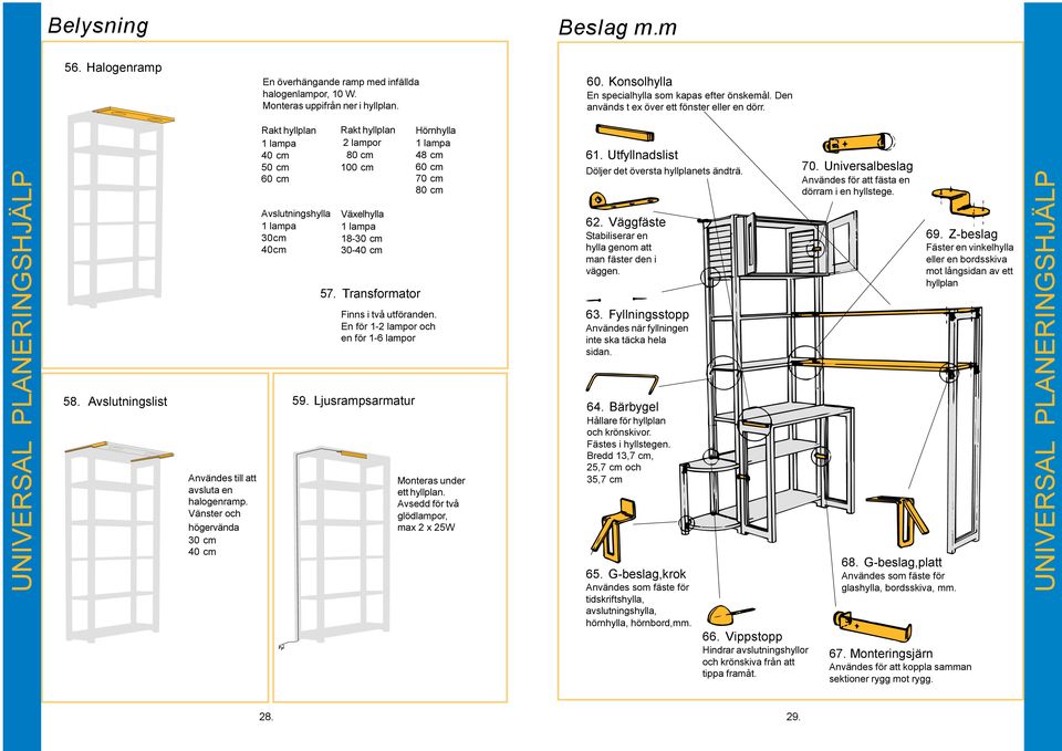 Vänster och högervända 30 cm 40 cm Rakt hyllplan 1 lampa 40 cm 50 cm 60 cm Avslutningshylla 1 lampa 30cm 40cm Rakt hyllplan 2 lampor 80 cm 100 cm Växelhylla 1 lampa 18-30 cm 30-40 cm 57.