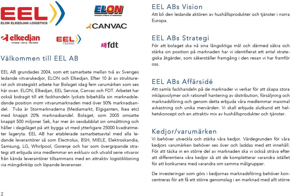 Efter 10 år av strukturerat och strategiskt arbete har Bolaget idag fem varumärken som ses här ovan. ELON, Elkedjan, EEL Service, Canvac och FDT.