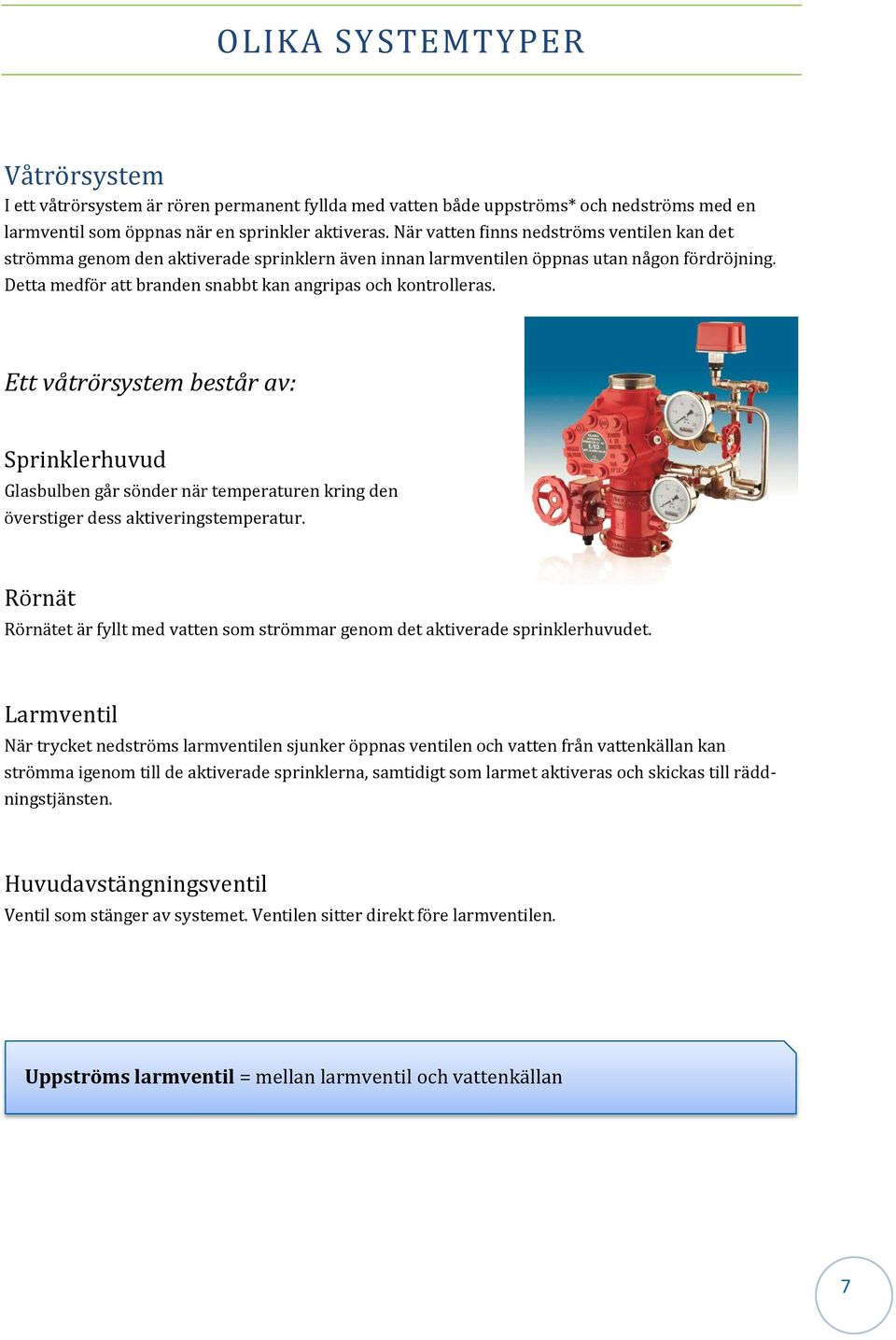 Detta medför att branden snabbt kan angripas och kontrolleras. Ett våtrörsystem består av: Sprinklerhuvud Glasbulben går sönder när temperaturen kring den överstiger dess aktiveringstemperatur.