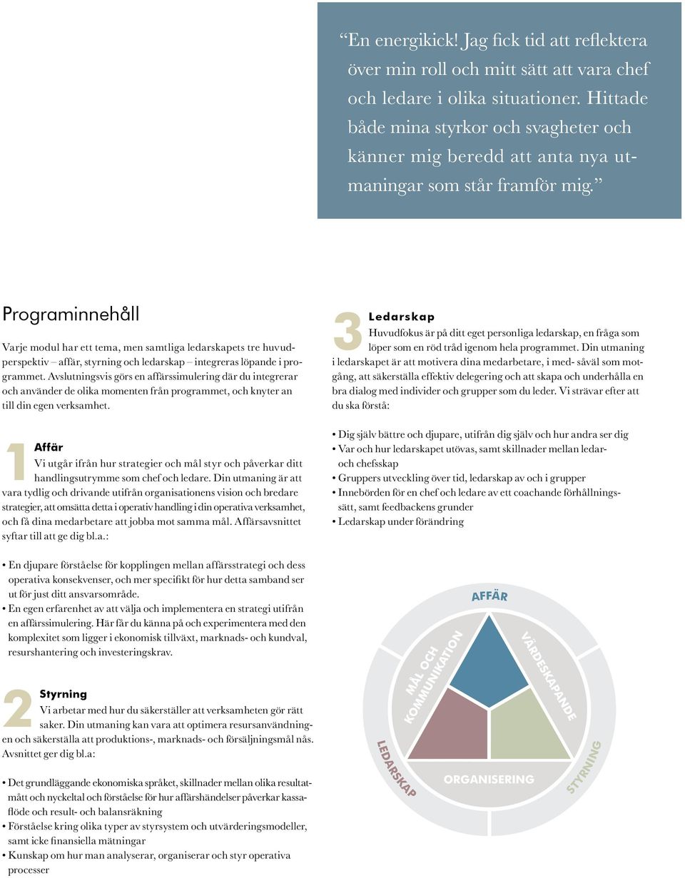 Programinnehåll Varje modul har ett tema, men samtliga ledarskapets tre huvudperspektiv affär, styrning och ledarskap integreras löpande i programmet.