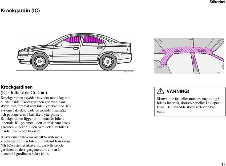 IC-systemet den uppblåsbara krockgardinen täcker in den övre delen av bilens insida i fram- och baksätet. IC-systemet aktiveras av SIPS-systemets krocksensorer, när bilen blir påkörd från sidan.