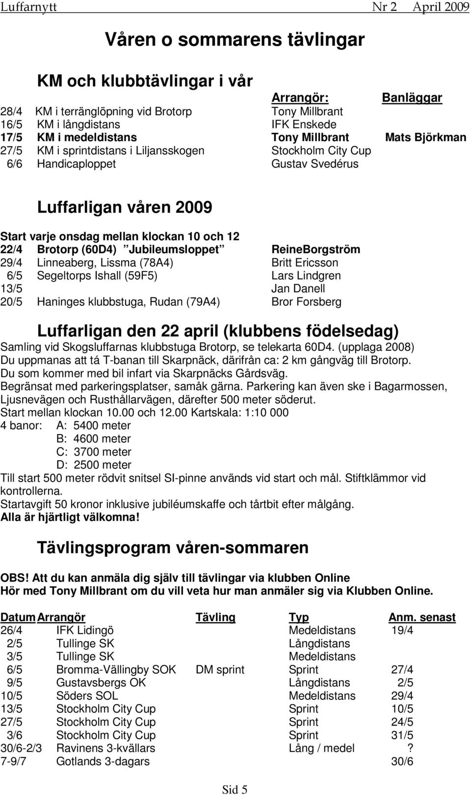 Jubileumsloppet ReineBorgström 29/4 Linneaberg, Lissma (78A4) Britt Ericsson 6/5 Segeltorps Ishall (59F5) Lars Lindgren 13/5 Jan Danell 20/5 Haninges klubbstuga, Rudan (79A4) Bror Forsberg