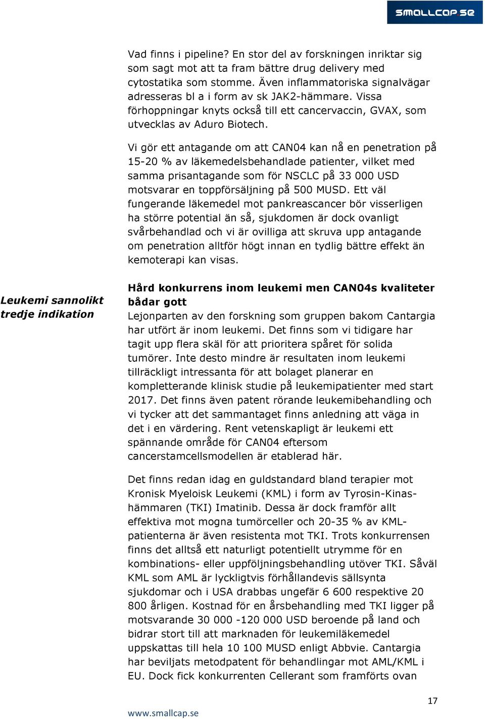 Vi gör ett antagande om att CAN04 kan nå en penetration på 15-20 % av läkemedelsbehandlade patienter, vilket med samma prisantagande som för NSCLC på 33 000 USD motsvarar en toppförsäljning på 500