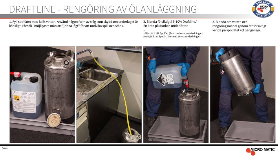 * En kran på dunken underlättar. * 10%=1,8L i 18L Spolfat. (Svårt nedsmutsade ledningar) 5%=0,9L i 18L Spolfat.