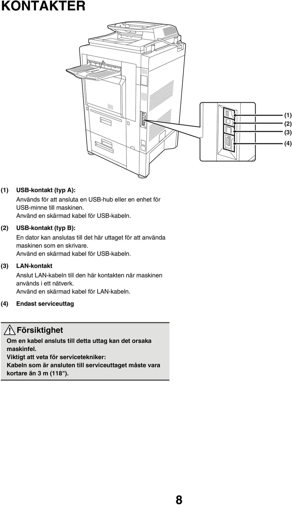 Använd en skärmad kabel för USB-kabeln. (3) LAN-kontakt Anslut LAN-kabeln till den här kontakten när maskinen används i ett nätverk.