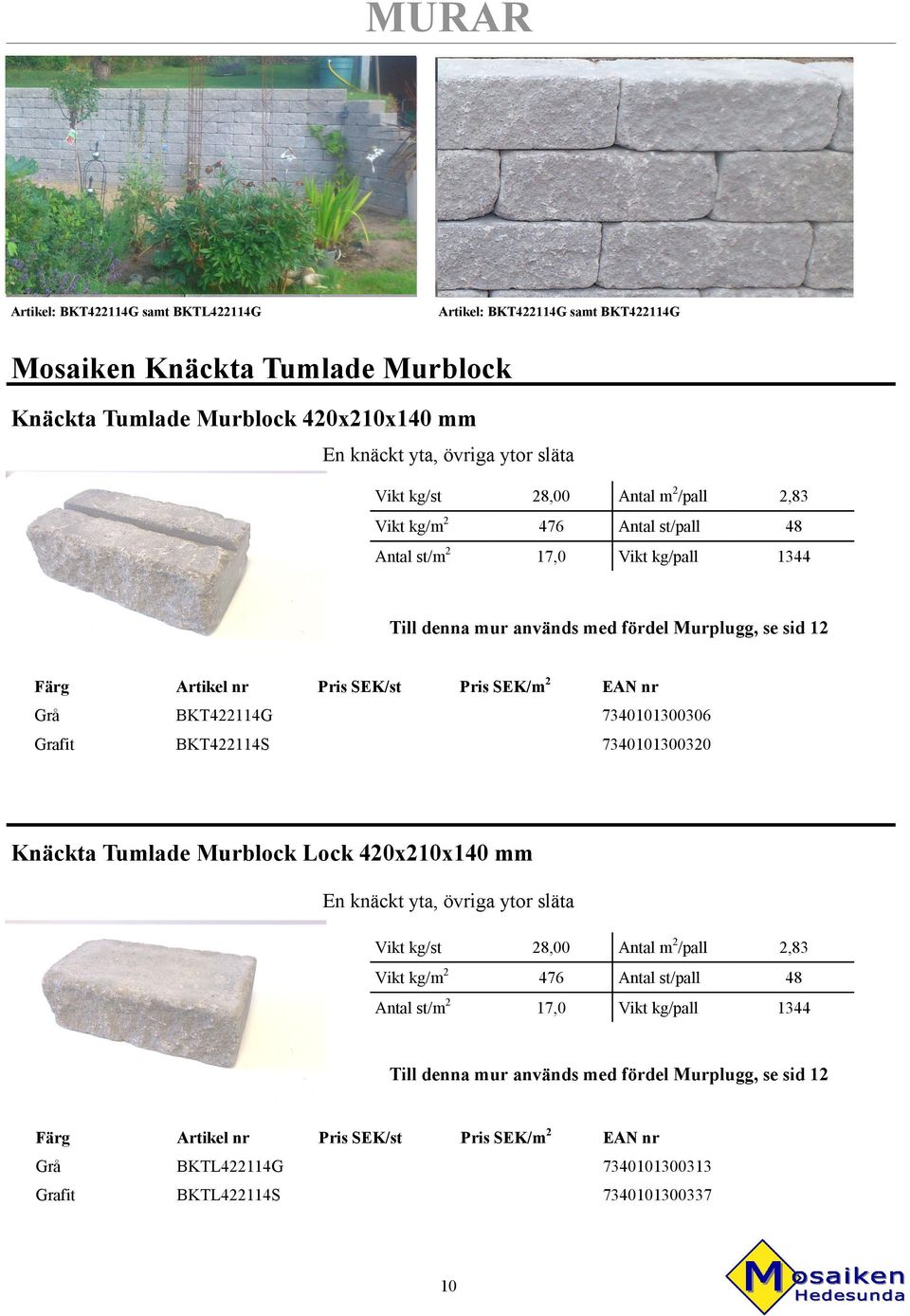 Artikel: BKT422114G samt BKTL422114G Artikel: BKT422114G samt BKT422114G Mosaiken Knäckta Tumlade Murblock Knäckta Tumlade Murblock 420x210x140 mm En knäckt yta, övriga ytor släta Vikt