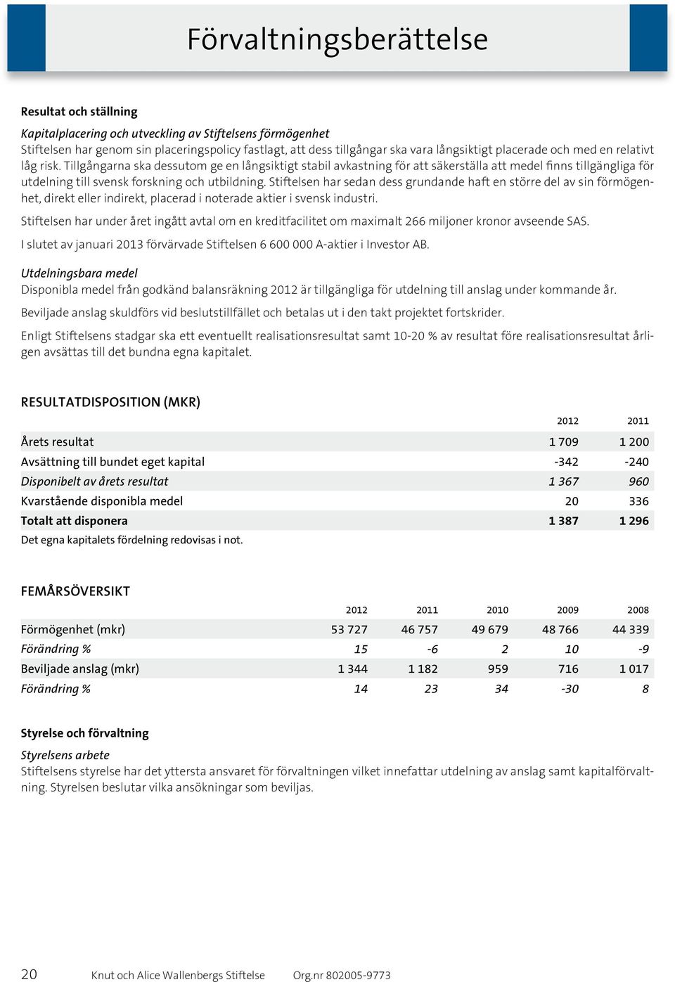 Tillgångarna ska dessutom ge en långsiktigt stabil avkastning för att säkerställa att medel finns tillgängliga för utdelning till svensk forskning och utbildning.